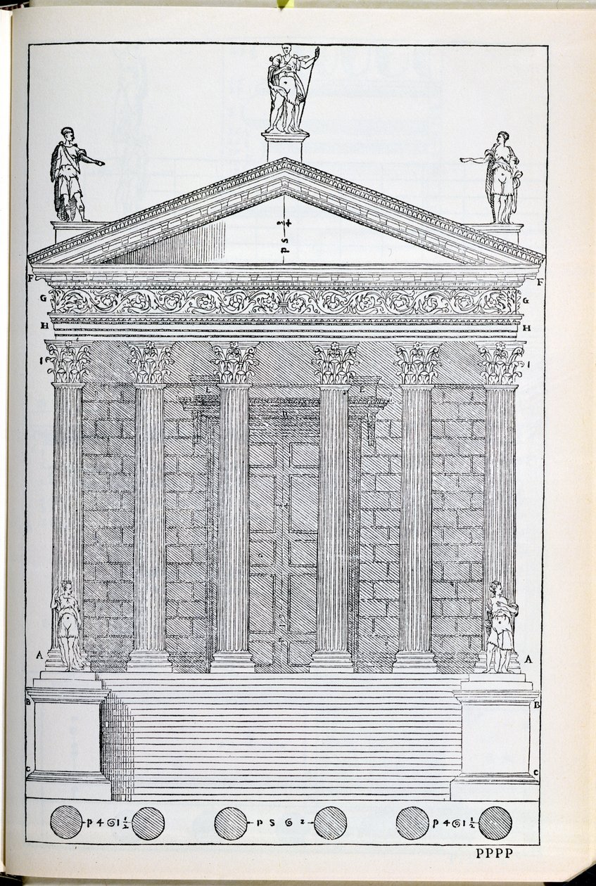 ارتفاع معبد نيم ، رسم توضيحي من نسخة طبق الأصل من "I Quattro Libri dell&39;Architettura" كتبها بالاديو ، نُشر في الأصل عام 1570 بواسطة أندريا بالاديو