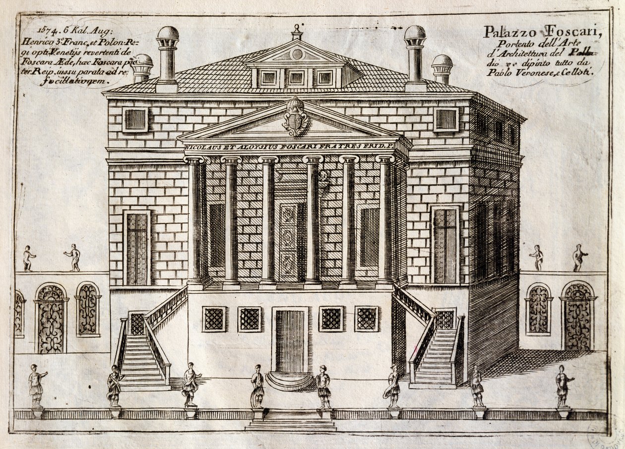 Main facade of Villa Foscari known as La Malcontenta, Mira, designed by Andrea Palladio (1508-1580), engraving from Along Brenta Canal, almost borough of city of Venice, by Vincenzo Coronelli (1650-1718), Venice بواسطة أندريا بالاديو