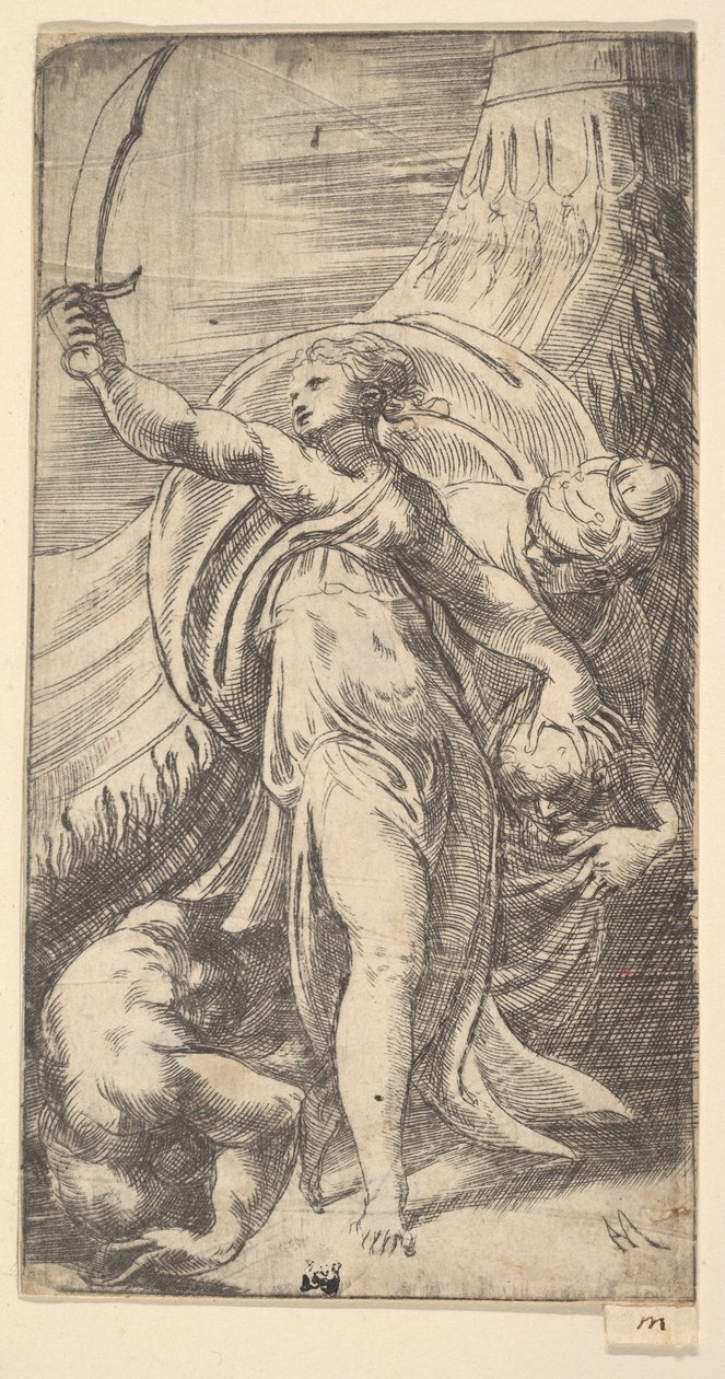 جوديث رفع سيفها في يدها اليمنى ، ووضع رأس Holofernes في sa ... ، كاليفورنيا. 1542-45. بواسطة أندريا شيافوني