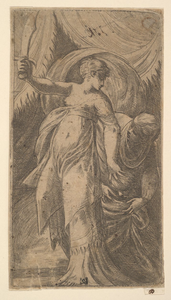 جوديث بسيفها مرفوعة في يدها اليمنى ووضع رأس Holofernes في ... ، كاليفورنيا. 1540-45. بواسطة أندريا شيافوني