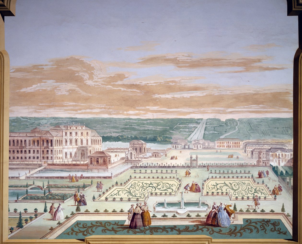 Perspective drawing of a villa and imaginary garden, fresco by Andrea Urbani (1711-1798) at Villa Pisani, Stra, Veneto. Italy بواسطة أندريا أورباني