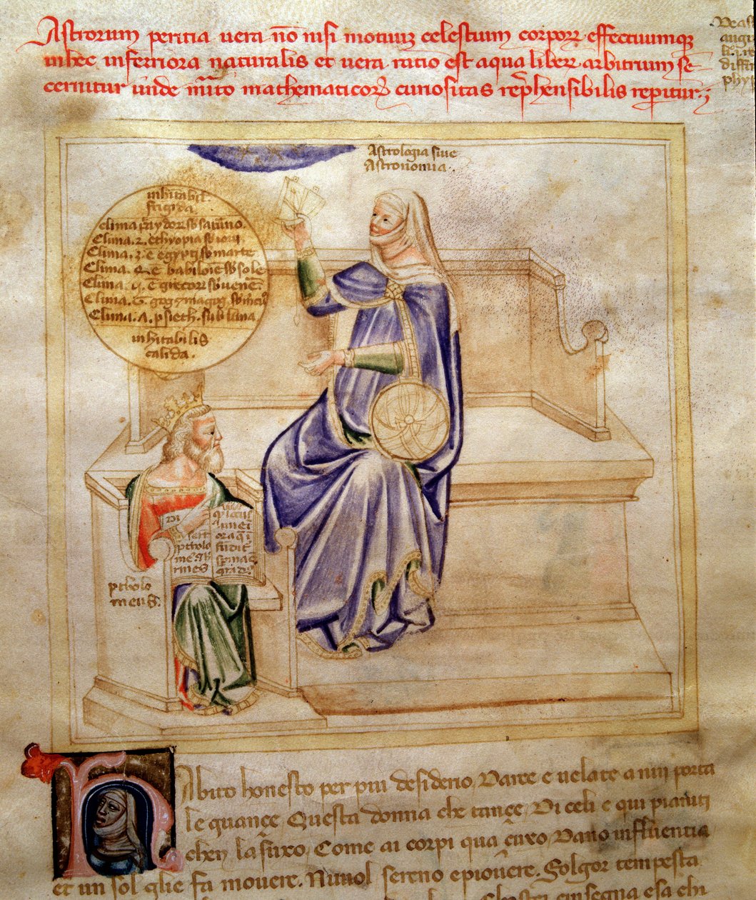 روايات من علم التنجيم أو علم الفلك في "أغنية الفترات السبعة والفنون الليبرالية السبعة الموجهة لبروزيو فيسكونتي" (أغنية الفضائل والعلوم) بقلم بارتولوميو دي بارتولي. لوحة مائية من Andrea di Bartoli (نشطة بين 1358 و بواسطة أندريا دي بارتولي
