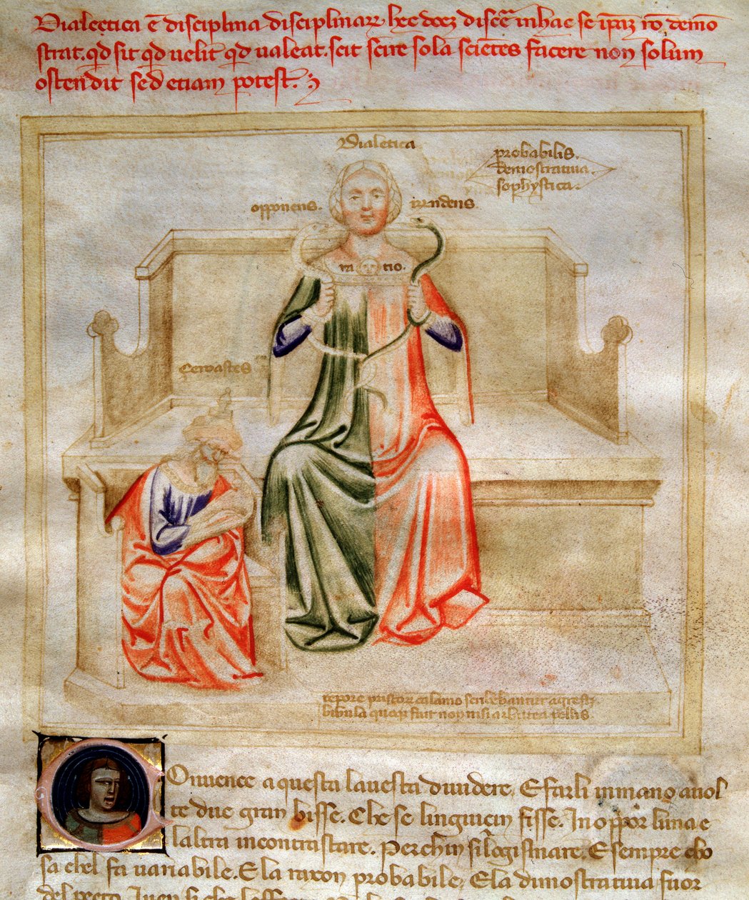 رموز الديالكتيك في "" Chansonne des sept Vertus et des sept Arts Liberales الموجهة إلى Bruzio Visconti "(أغنية الفضائل والعلوم) بقلم بارتولوميو دي بارتولي. Watercolor بواسطة Andrea di Bartoli (نشط بين 1358 و 1368) (مللي ثانية. 599 ، من بواسطة أندريا دي بارتولي