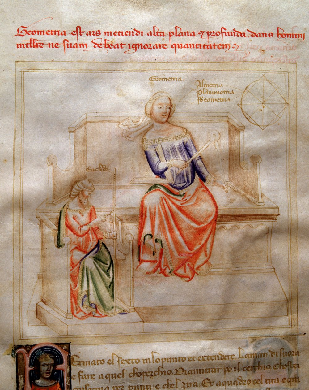 Allegorie de la Geometrie in “” Chansonne des sept Vertus et des sept Arts liberales destinee a Bruzio Visconti” (La Canzone delle Virtu e delle Scienze) by Bartolomeo di Bartoli. Watercolour by Andrea di Bartoli (active between 1358 and 1368) (ms. 599, fo بواسطة أندريا دي بارتولي