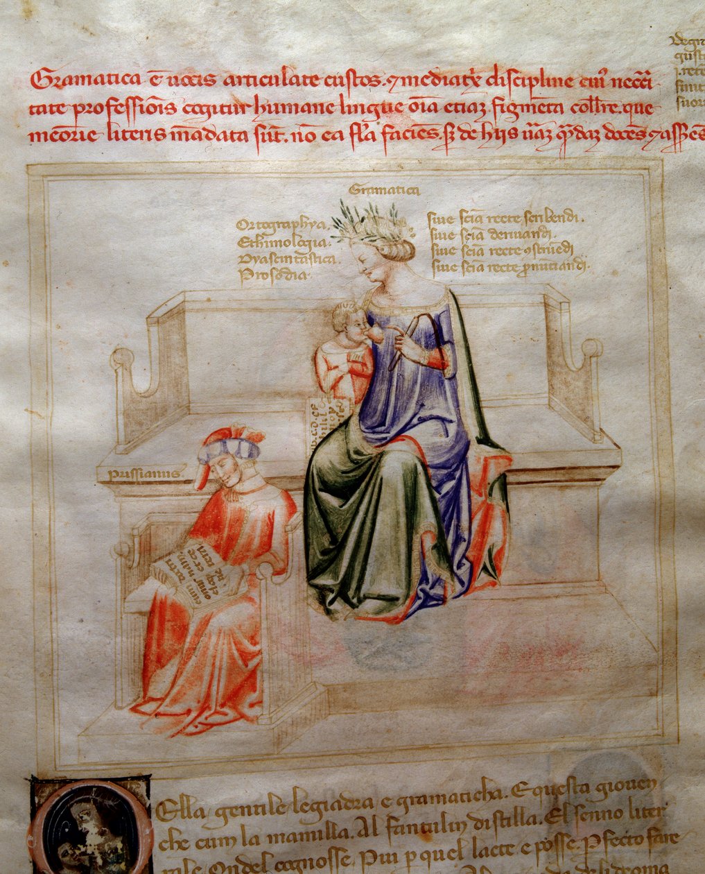 حكايات غرامي في "" Chansonne des sept Vertus et des sept Arts Liberales الموجهة إلى Bruzio Visconti "(أغنية الفضائل والعلوم) بقلم بارتولوميو دي بارتولي. Watercolor بواسطة Andrea di Bartoli (نشط بين 1358 و 1368) (مللي ثانية. 599 ، من بواسطة أندريا دي بارتولي