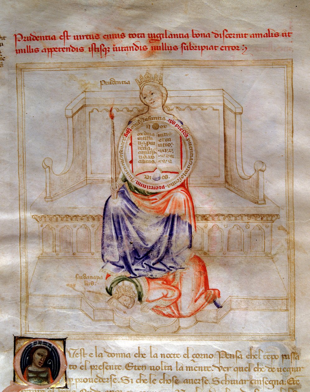 روايات عن الحكمة في "" Chansonne des sept Vertus et des sept Arts Liberales الموجهة إلى Bruzio Visconti "(أغنية الفضائل والعلوم) بقلم بارتولوميو دي بارتولي. لوحة مائية لأندريا دي بارتولي (نشط بين 1358 و 1368) (مللي ثانية 599 ، ورقة بواسطة أندريا دي بارتولي