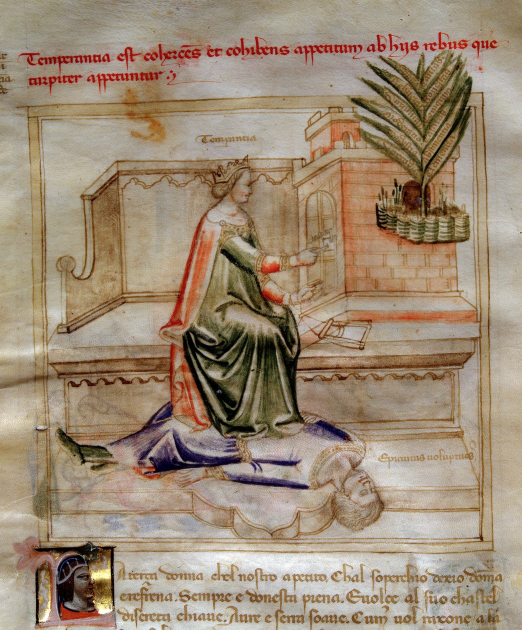 روايات عن الاعتدال في "" Chansonne des sept Virtues et des sept Arts Liberoux destinee a Bruzio Visconti "(أغنية الفضائل والعلوم) بقلم بارتولوميو دي بارتولي. Watercolor بواسطة Andrea di Bartoli (نشط بين 1358 و 1368) (مللي ثانية. 599 ، ص بواسطة أندريا دي بارتولي