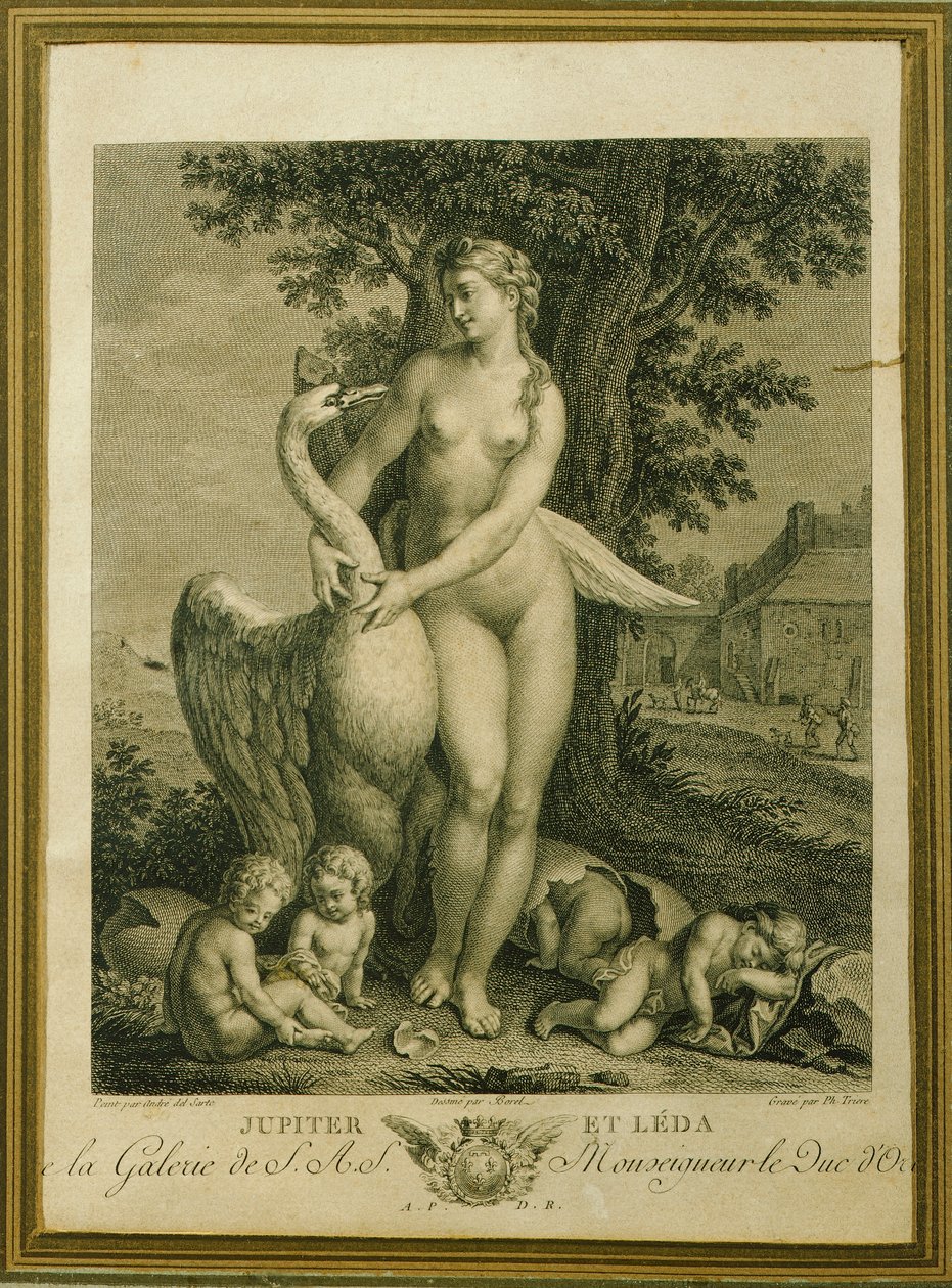 Leda and the swan, engraving by Philippe Triere (1756-1815), from a drawing by Andrea Del Sarto بواسطة أندريا ديل سارتو