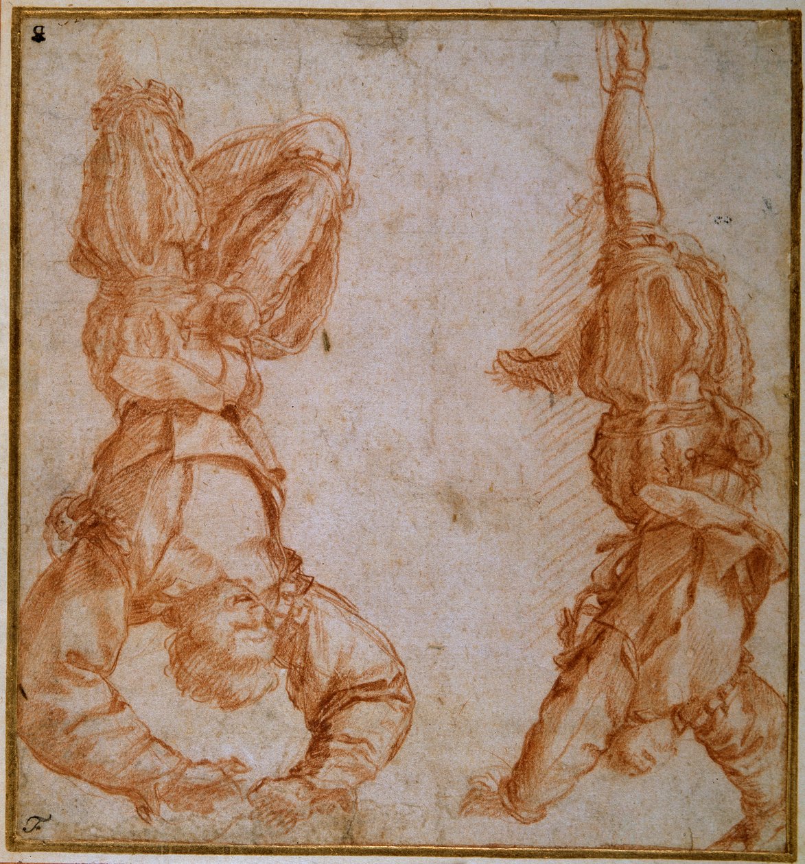 Two studies of a man suspended by his left leg (red chalk on cream paper) بواسطة أندريا ديل سارتو