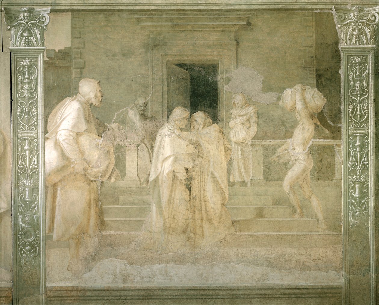 Visit of Virgin to Elizabeth, detail from Stories of Virgin by Andrea del Sarto (1486-1530), fresco in monochrome, Cloister of Scalzo, Florence بواسطة أندريا ديل سارتو