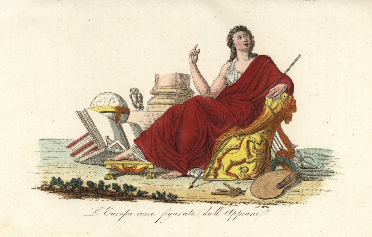 Allegorical figure of Europe seated on a throne in a purple robe with books, globe, palette, sceptre, lyre and owl بواسطة أندريا الأكبر (بعد) أبياني