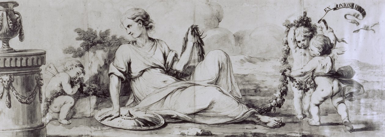 شخصية أنثوية مع بوتي ، تكوين استعاري ، حوالي 1754 ، من تصميم أندريا أبياني (1754-1817) لخزانة ذات أدراج من جوزيبي ماجيوليني ، إيطاليا بواسطة أندريا الأكبر أبياني