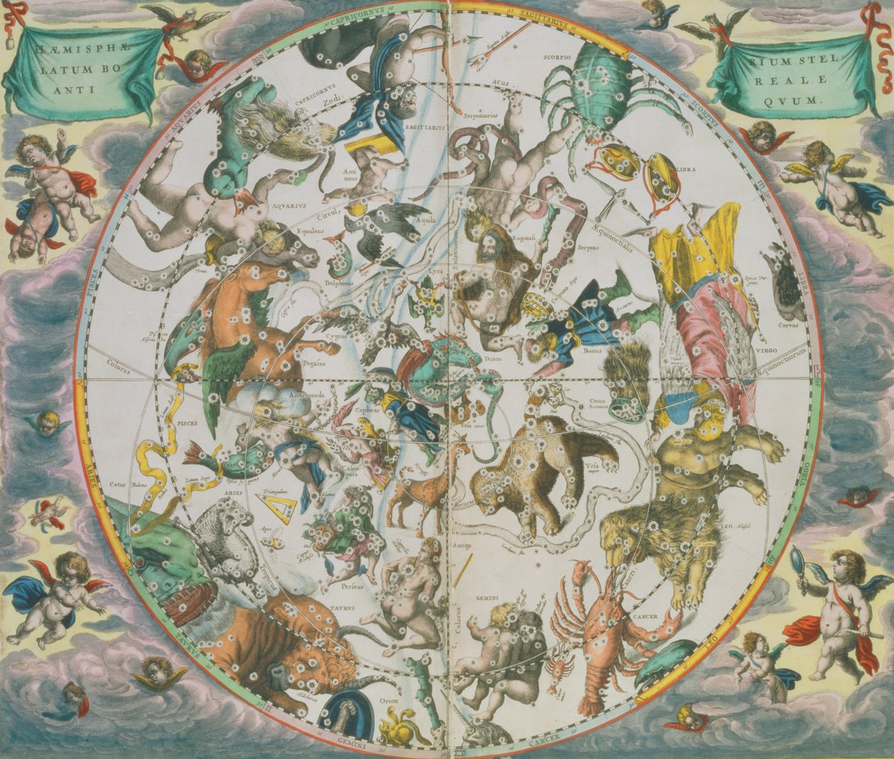 تظهر الكرة الأرضية السماوية علامات البرج ، من "الأطلس السماوي ، أو تناغم الكون" (atlas coelestis seu harmonia macrocosmica). بقلم جوانز جانسونوس ، أمستردام ، 166 بواسطة أندرو سيلاريوس