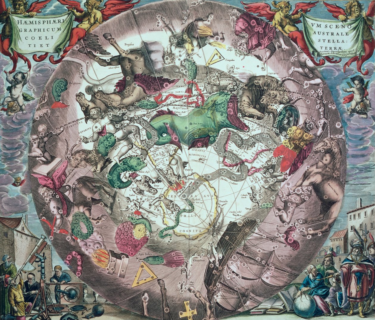 كوكبات نصف الكرة الجنوبي ، من "الأطلس السماوي ، أو تناغم الكون" (أطلس coelestis seu هارمونيكا macrocosmica) منقوش بواسطة بيتر شينك (1660-1719) وجيرارد فالك بواسطة أندرو سيلاريوس