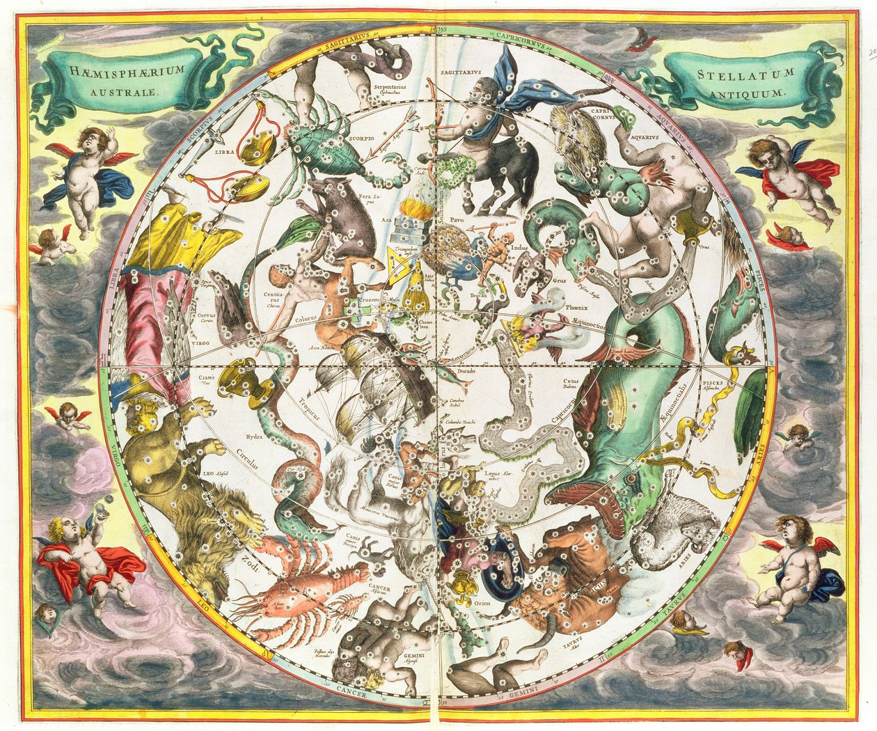 خريطة نصف الكرة الجنوبي ، من "الأطلس السماوي ، أو تناغم الكون" (أطلس coelestis seu harmonia macrocosmica). بقلم جوان جانسونوس ، أمستردام ، 1660-61 (المهندس الملون يدويًا بواسطة أندرو سيلاريوس