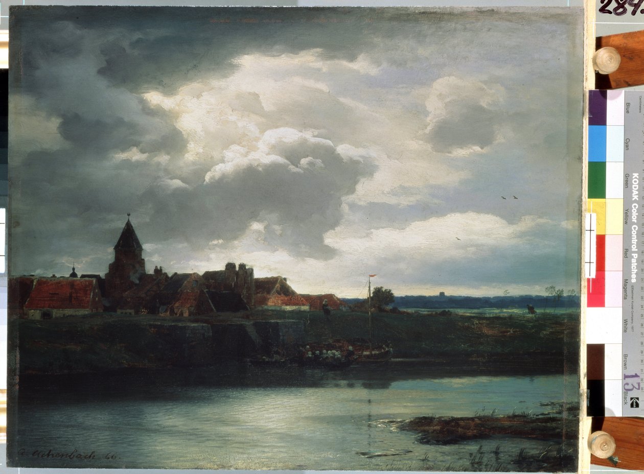 "" منظر طبيعي للقرية على نهر "(منظر طبيعي بنهر) رسم بواسطة أندرياس آخنباخ (1815-1910) 1866 سانت بطرسبرغ ، متحف هيرميتاج بواسطة أندرياس أشنباخ