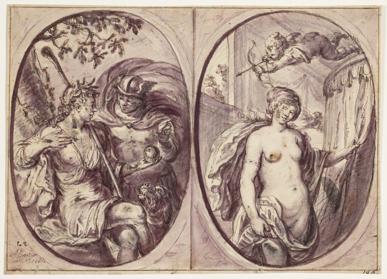 تكوينان بيضاويان على ورقة واحدة. إلى اليسار تجلس راعية (ديانا؟) مع عصا وكلب بجانبها. إنها تحمل تفاحة ، ويبدو أن عطارد جلبها لها في عباءة ؛ على هذا مكتوب: "Det: pulcherrima". في الشكل البيضاوي على اليمين يوجد شبه عارٍ وقائم بواسطة أندرياس بودان الثاني