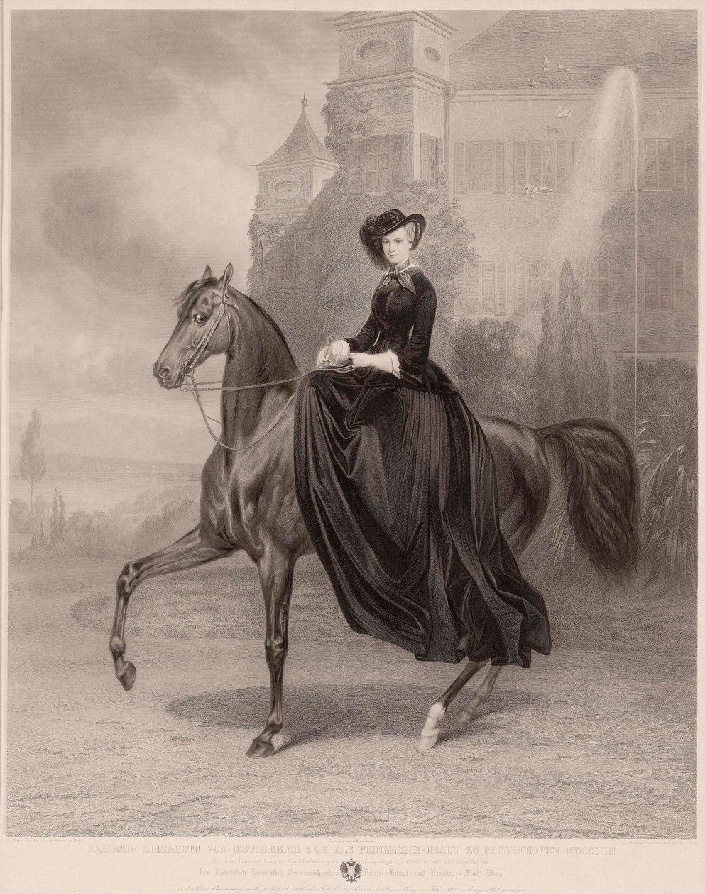 صورة الفروسية لإليزابيث بافاريا (1837-1898) (إمبراطورة النمسا ، المعروفة باسم سيسي). عمل أندرياس يوهان فليشمان (1811-1878) ، نقش على النحاس بواسطة أندرياس جوهان فليشمان