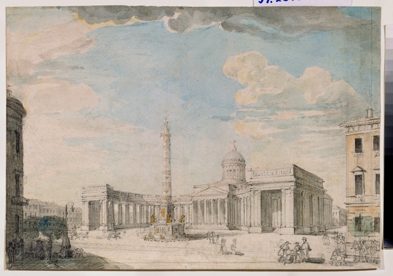 La cathedrale Notre Dame de Kazan (Notre-Dame-de-Kazan) a Saint Petersburg (The Kazan Cathedral in St Petersburg) - عمل بواسطة Andrei Nikiforovich Voronikhin (Voronikhine) (1759-1814) ، قلم رصاص وألوان مائية على الورق ، حوالي 1800 ، الفن الروسي في القرنين  بواسطة أندريه نيكيفوروفيتش فورونيخين