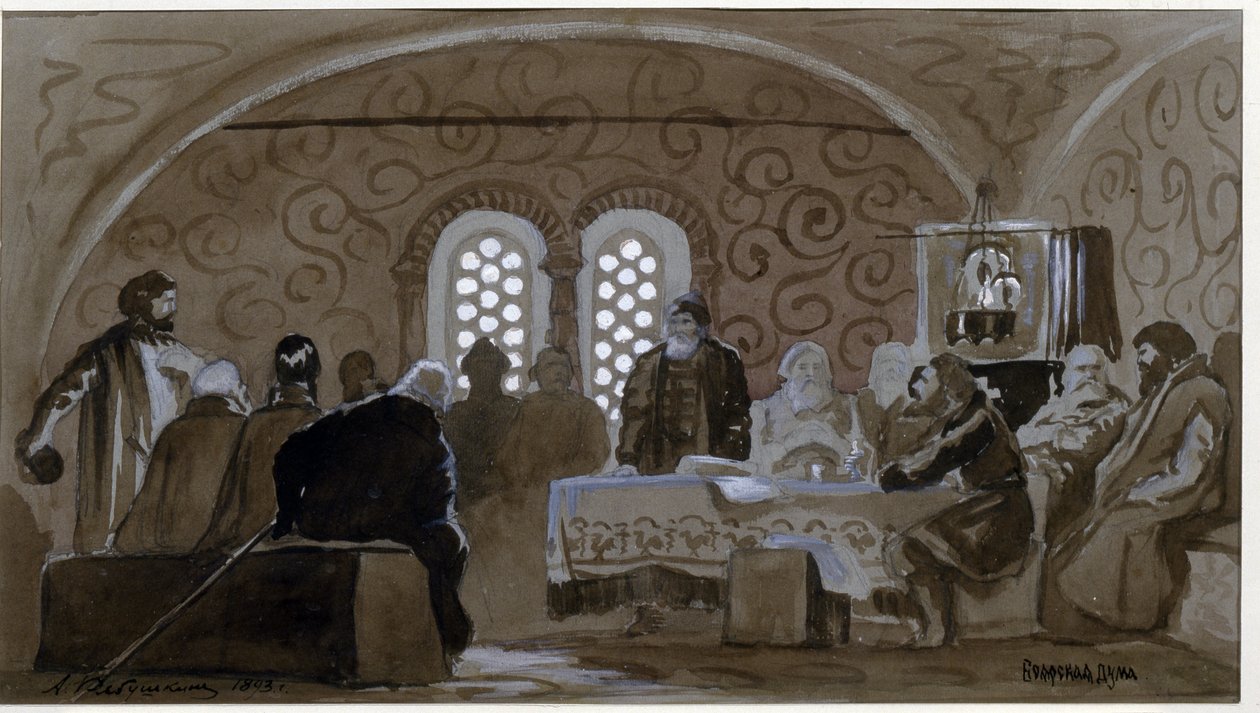 الدوما في زمن البويار (Boiards ، boiars) (The Boyar Duma). المجلس الاستشاري لأمراء كييف روس (روثينيا) في زمن القيصر ميخائيل الأول ملك روسيا (1596-1645). عمل أندريه بتروفيتش ريابوشكين (ريابوتشكين) (1861-1904) ، مربع بواسطة أندريه بتروفيتش ريابوشكين
