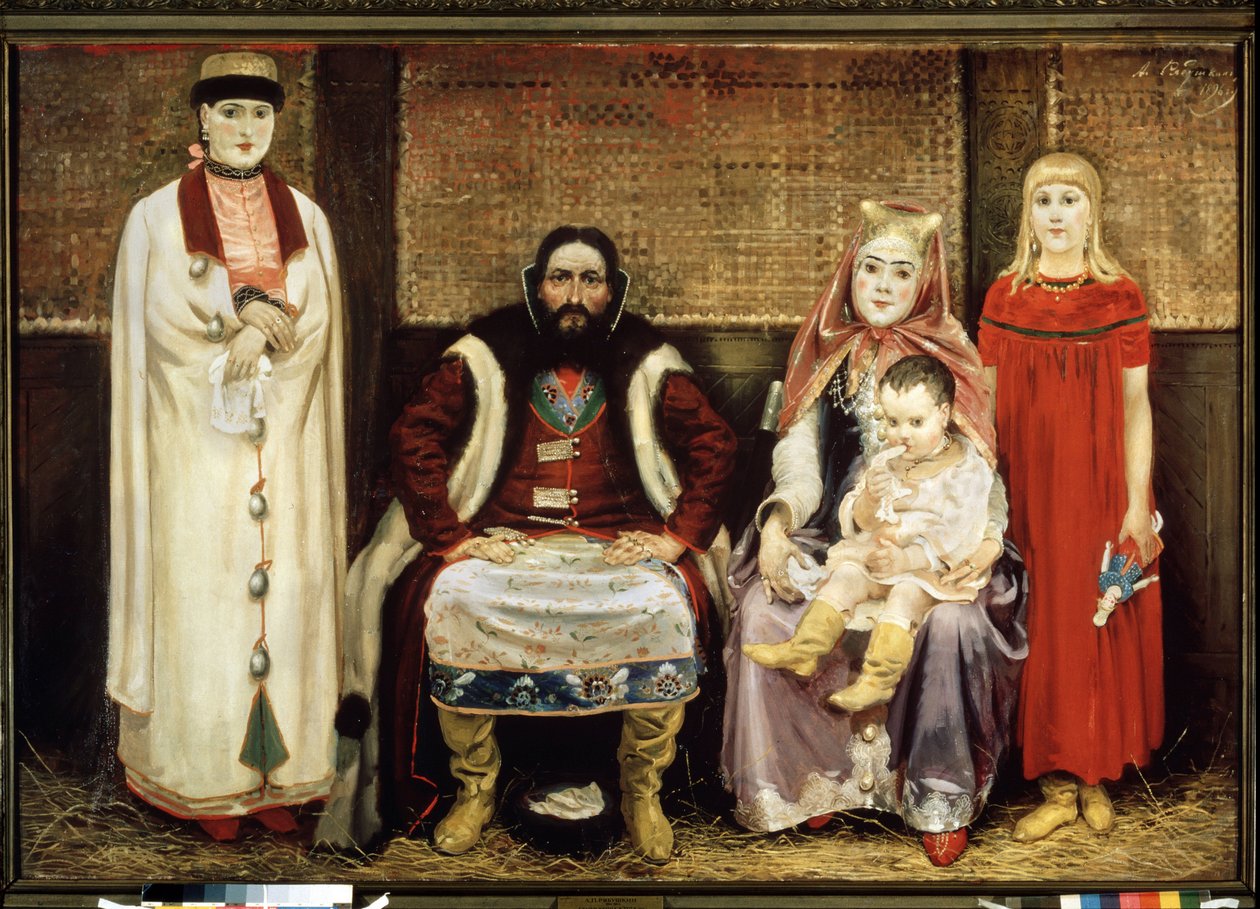 عائلة التاجر في القرن السابع عشر. لوحة أندريه بتروفيتش ريابوشكين (ريابوتشكين) (1861-1904) ، زيت على قماش بواسطة أندريه بتروفيتش ريابوشكين