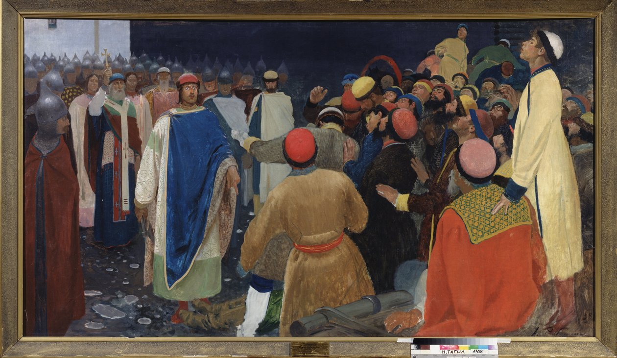 الأمير جليب سفياتوسلافيتش (توفي عام 1079) يقتل فولخفي (ساحر العراف السلافي) في نقش في نوفغورود. لوحة أندريه بتروفيتش ريابوشكين (ريابوتشكين) (1861-1904) ، زيت على قماش بواسطة أندريه بتروفيتش ريابوشكين