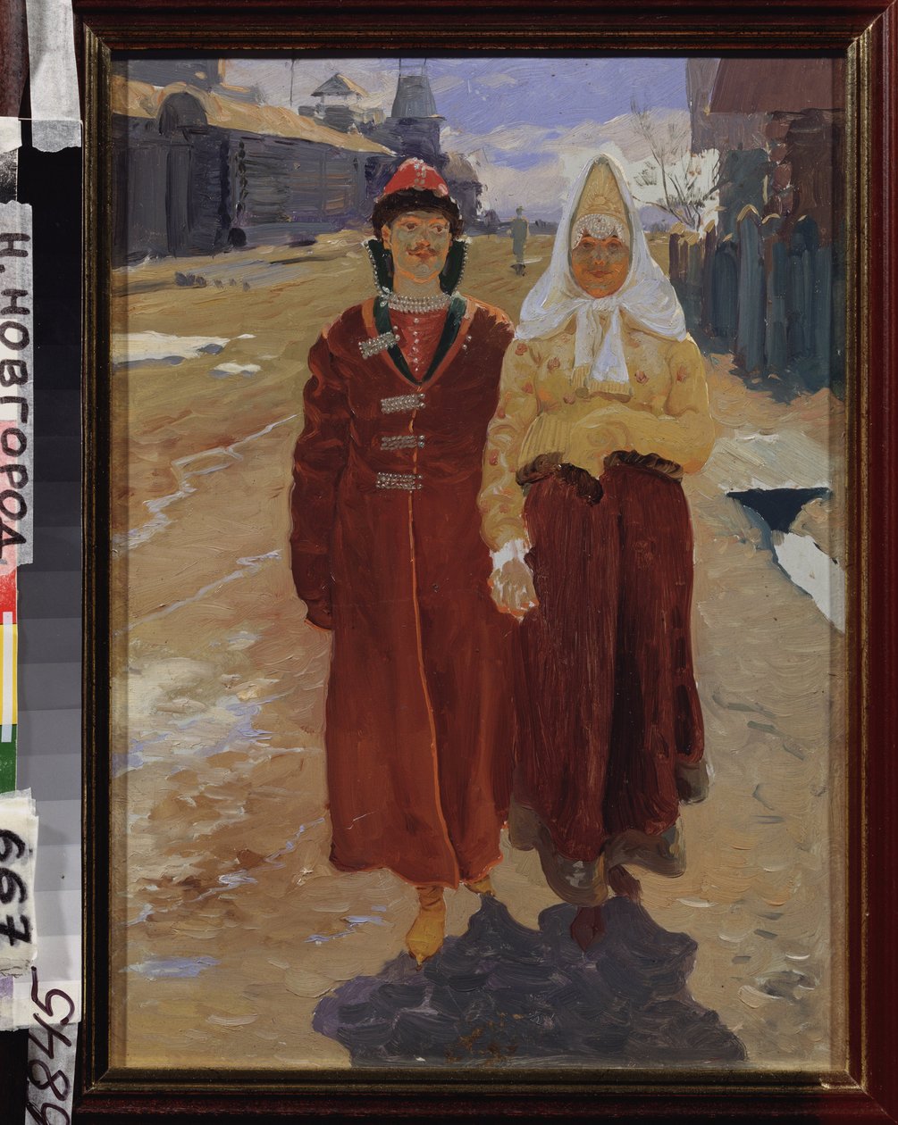 نزهة زيارة. (زوجان من Boyars (Boiards ، Boiars) الأنيقين يرتدون ملابس تقليدية ، يسيرون في شارع قرية بها منازل خشبية.) لوحة Andrei Petrovich Ryabushkin (Riaboutchkine) (1861-1904) ، زيت على قماش بواسطة أندريه بتروفيتش ريابوشكين