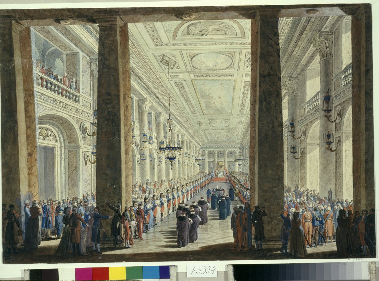 حفل أقامته الإمبراطورة الروسية كاثرين الثانية (1729-1796) في القصر الشتوي في سانت بطرسبرغ على شرف السفير التركي (حفل استقبال على شرف السفير التركي). أعمال أندريه فورونيخين (1759-1814) بواسطة أندريه فورونيخين