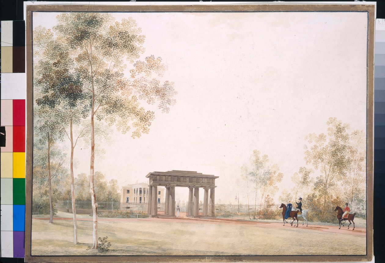 "" Gateway to the Park in Tsarskoye Selo "" بقلم Andrei Yefimovich Martynov (1768-1826) ، Gouache على الورق بعد 1821 ، 38.5x51.5 ، State Tretyakov Gallery ، موسكو بواسطة أندريه يفيموفيتش مارتينوف