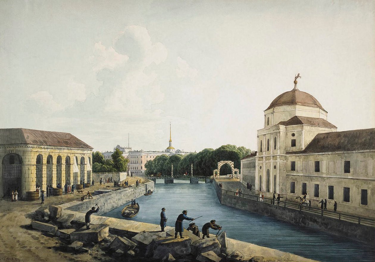 منظر لنهر مويكا بجوار الاسطبلات الإمبراطورية ، سانت بطرسبرغ ، روسيا ، 1809. بواسطة أندريه مارتينوف