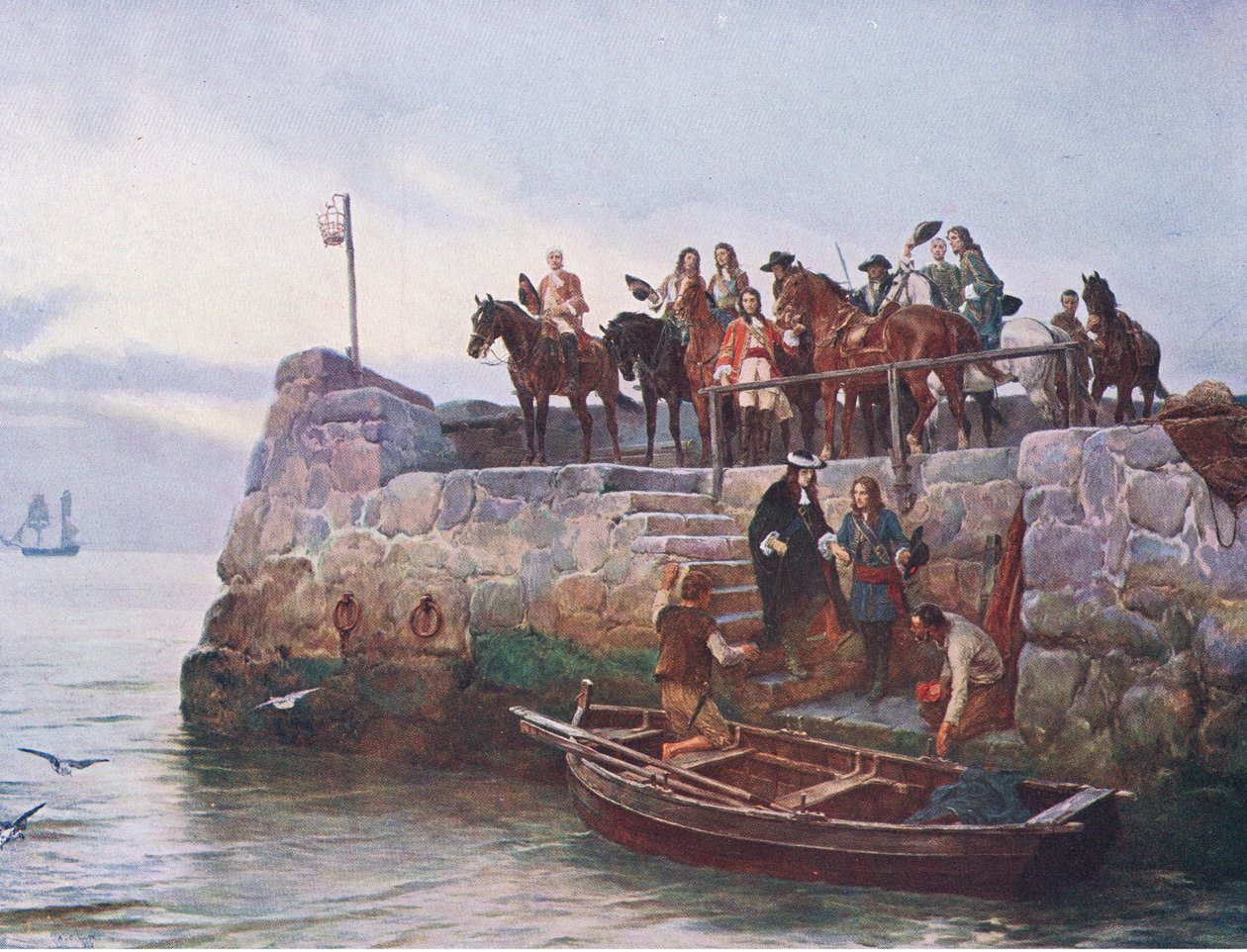 السبب المفقود: رحلة جيمس الثاني بعد معركة بوين 1690 ، رسم توضيحي من "المعارك البريطانية على الأرض والبحر" بواسطة أندرو كاريك جو