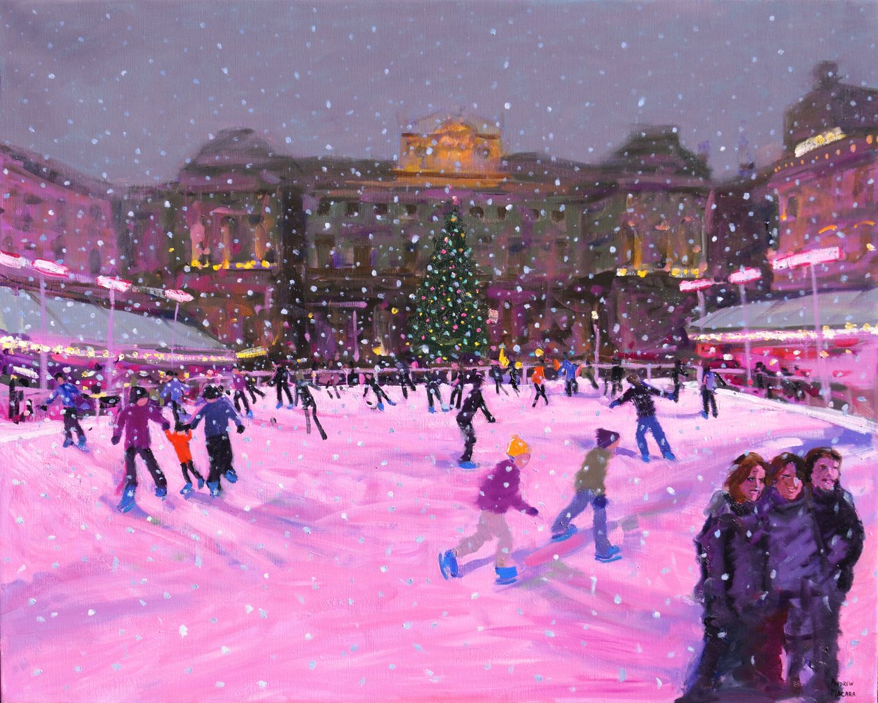 التزلج في عيد الميلاد ، Somerset House with Pink Lights ، 2014 (زيت على قماش) (صورة محدثة) بواسطة أندرو ماكارا