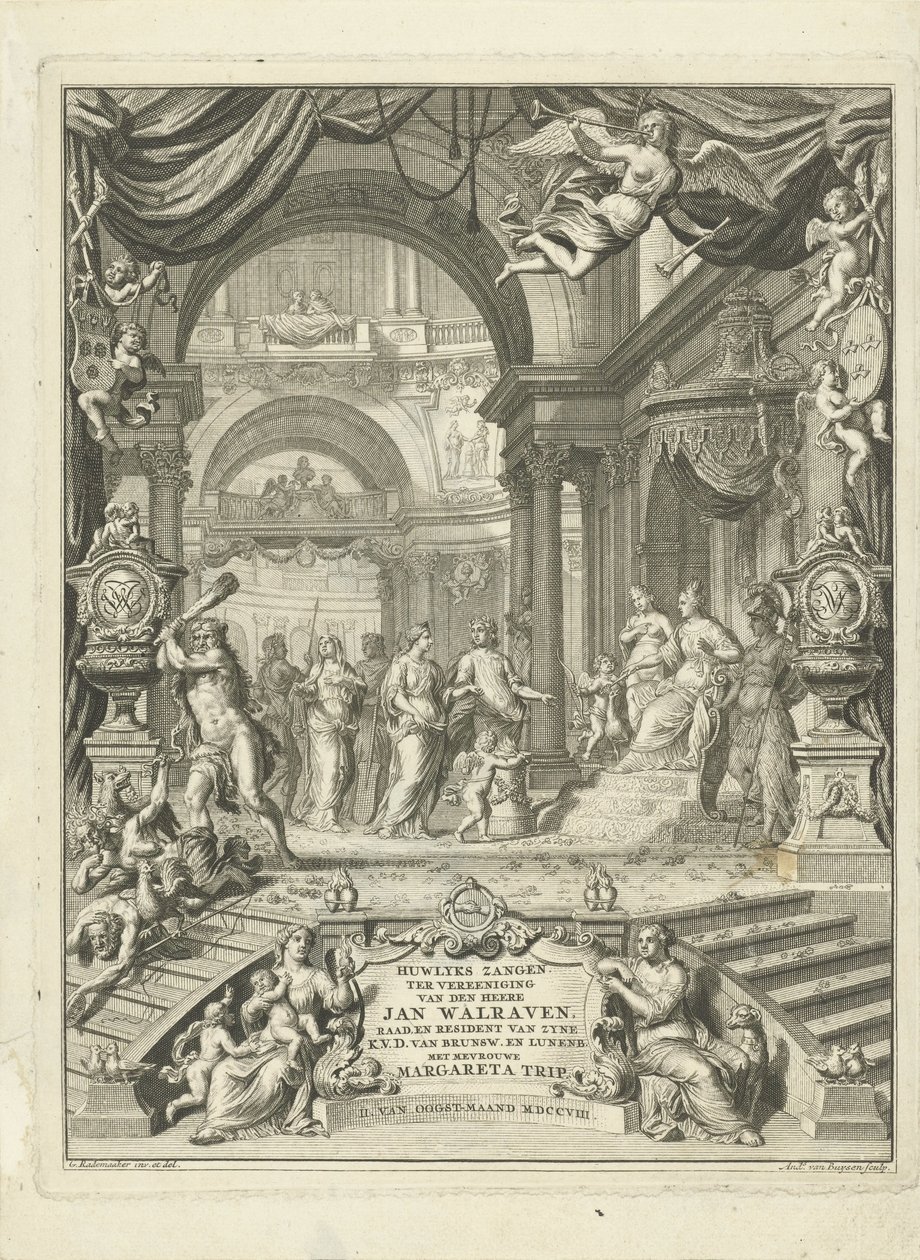 صفحة العنوان لـ: أغاني الزواج لاتحاد السيد جان والرافين ، تخمينات (...) لصفائه الانتخابي في Brunswyk و Lunenburg. مع رحلة السيدة مارغريتا. أمستردام ، 108 بواسطة أندريس فان بويسين (الأب)