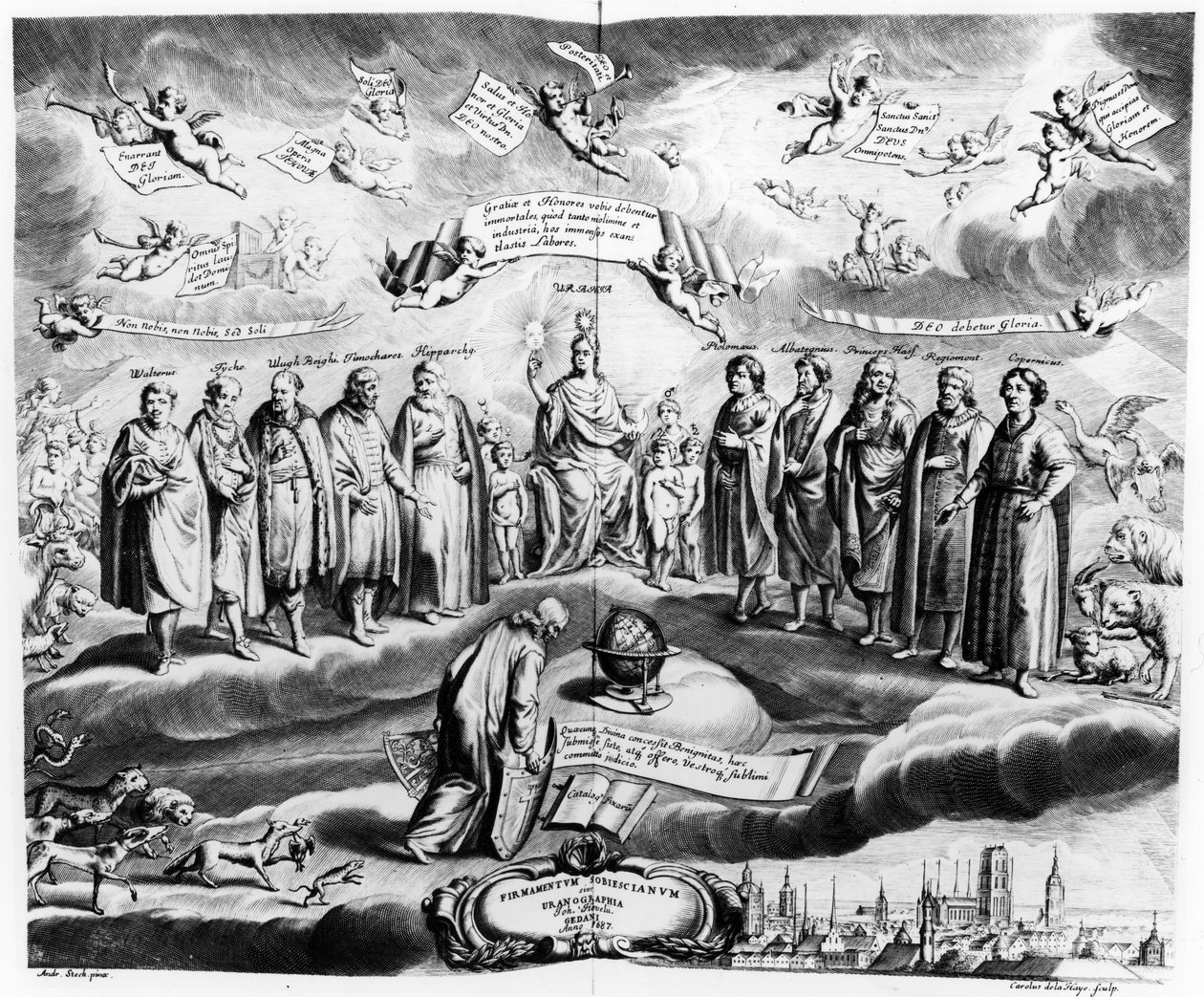 Sobiescianum أو الدعم ، Uranographia ، بقلم يوهانس هيفيليوس (1611-87) ، محفور بواسطة Charles de la Haye ، Pub. عام 1687 بواسطة Andrzej Stech
