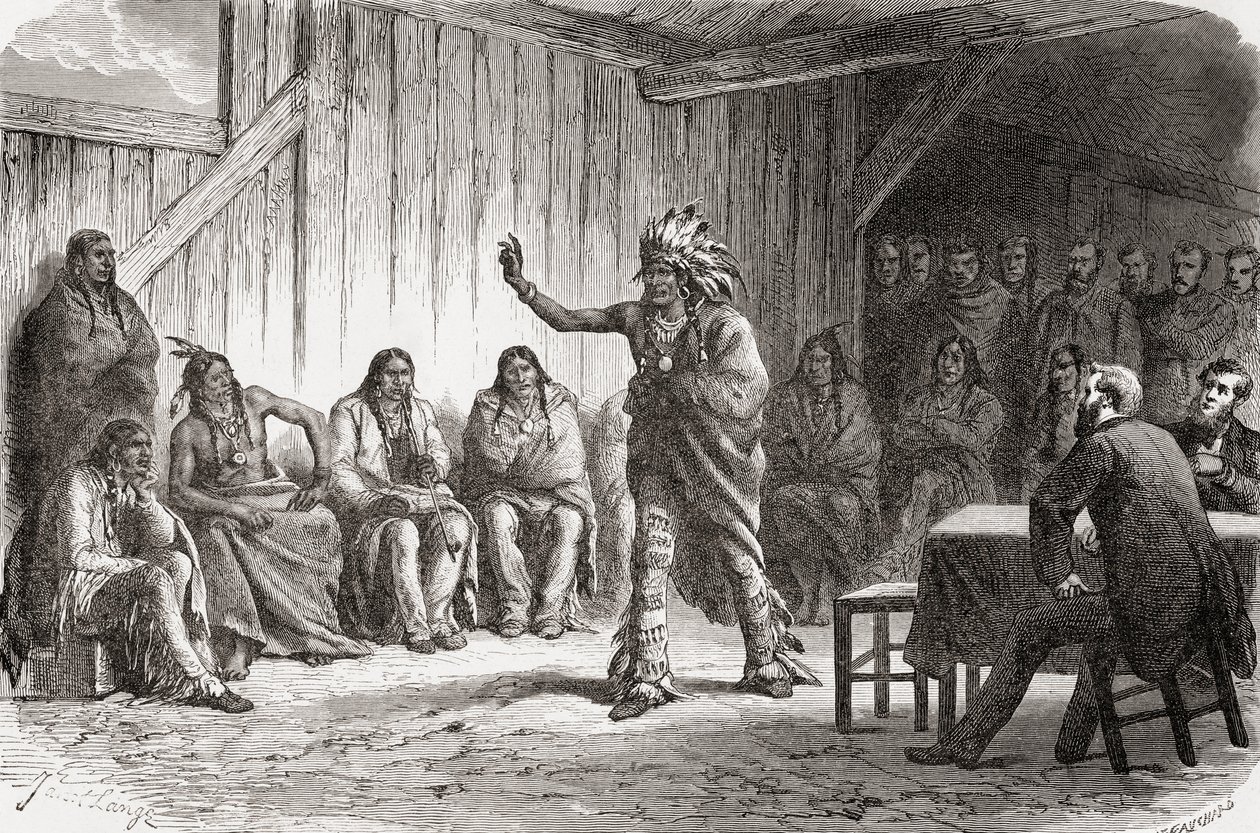 سن كرو الهندي لرئيس الدب في مجلس السلام العظيم في فورت لارامي ، 12 نوفمبر 1867 ، رسم توضيحي من "العالم في اليدين" ، نقش بواسطة Gauchard ، نشر عام 1878 (النقش) بواسطة أنجي لويس جانيت