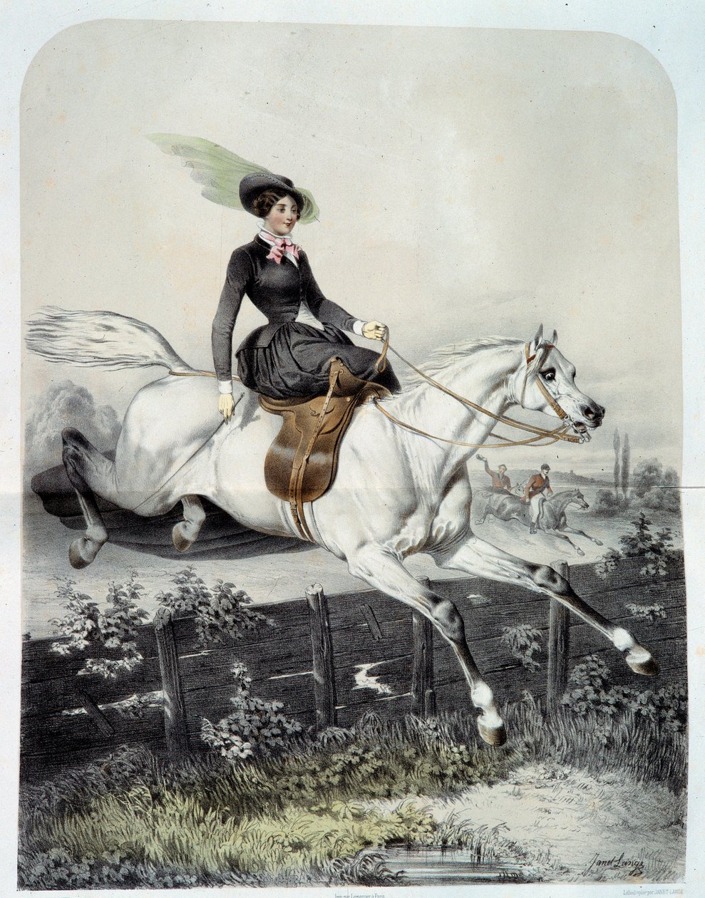 A Young Rider in the Amazon Jumping a Barriere Lithography by Ange Louis Jawe Lange (1815-1872) 19th century Private Collection بواسطة أنجي لويس جانيت