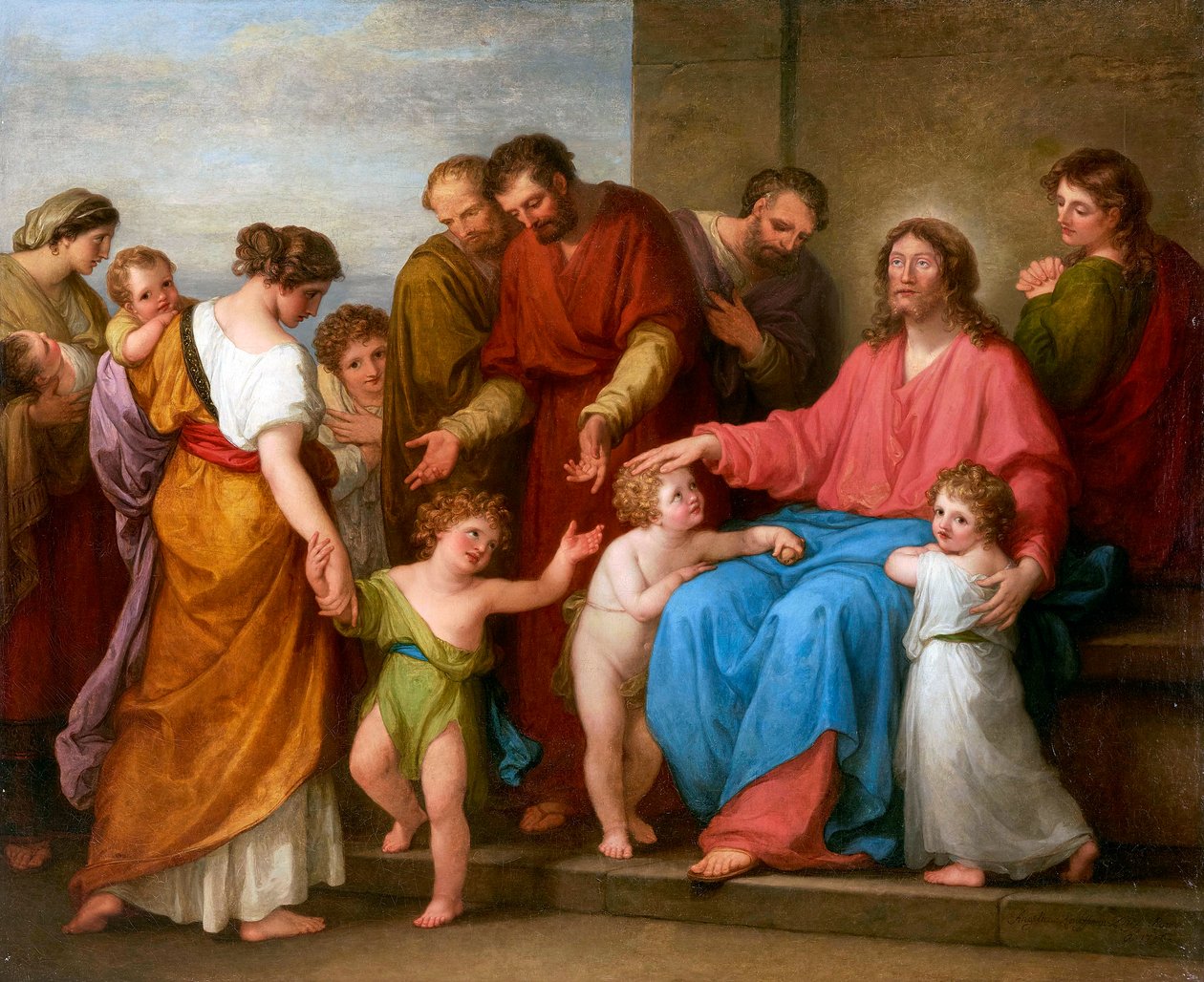 يسوع المسيح يبارك الأطفال (دع الأطفال الصغار يأتون إلي) - المسيح يبارك الأطفال (دع الأطفال الصغار يأتون إلي) - أنجيليكا كوفمان (1741-1807). زيت على قماش بواسطة أنجليكا كوفمان