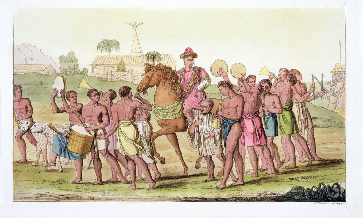 Corallo ، مهرجان ملك بنين ، اللوحة 38 من "Le Costume Ancien et Moderne" لجول فيراريو ، تم نشرها في 1820s-30s بواسطة أنجيلو بياسيولي