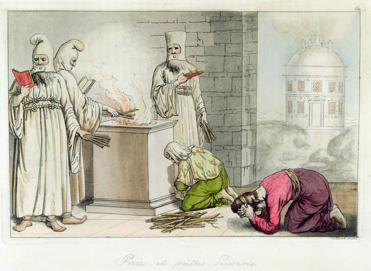 بير مع الكهنة الفارسيين ، رسم توضيحي من "الزي القديم والحديث" لجوليو فيراريو ، ميلانو ، 1819-1834 بواسطة أنجيلو بياسيولي