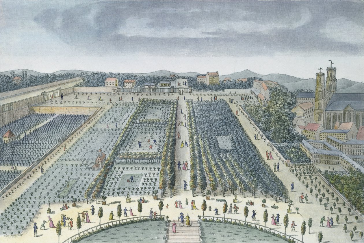 منظر عام لحدائق لوكسمبورغ في باريس ، 1810 ، منقوش بواسطة جي بي تشابويس (أكواتينت) بواسطة أنجيلو غاربيزا