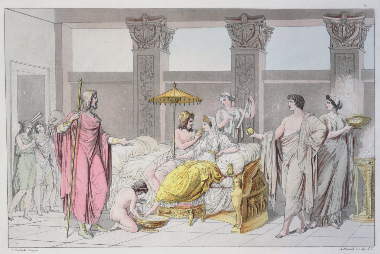 حفل زفاف يوليسيس وبينيلوب ، رسم توضيحي من "Le Costume Ancien ou Moderne" لجول فيراريو ، منقوش من قبل A. Biasoli ، ميلان 1821 (نقش الألوان) بواسطة أنجيلو مونتيسيللي