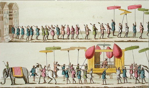 موكب ملك بورما ، رسم توضيحي من "Le Costume Ancien et Moderne" بقلم جوليو فيراريو ، نُشر حوالي 1820s-30s (نقش ملون) بواسطة أنجيلو (بعد) بياسيولي