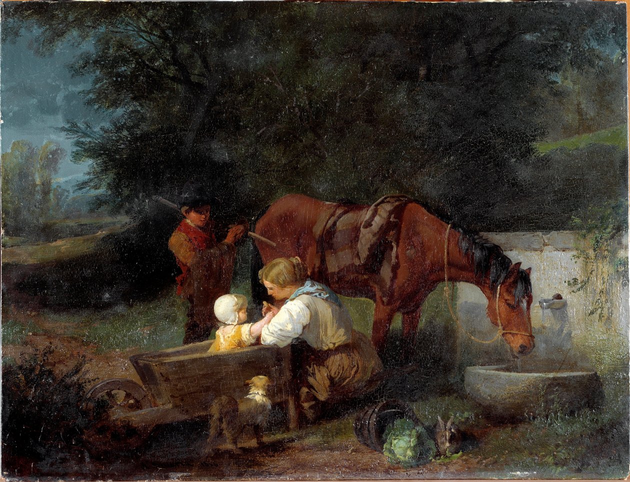 مزارع مع طفلها ، صبي مزرعة وخيل لوحة رسمها أنجيلو بيكاريا (1820-1897) بواسطة أنجيلو بيكاريا