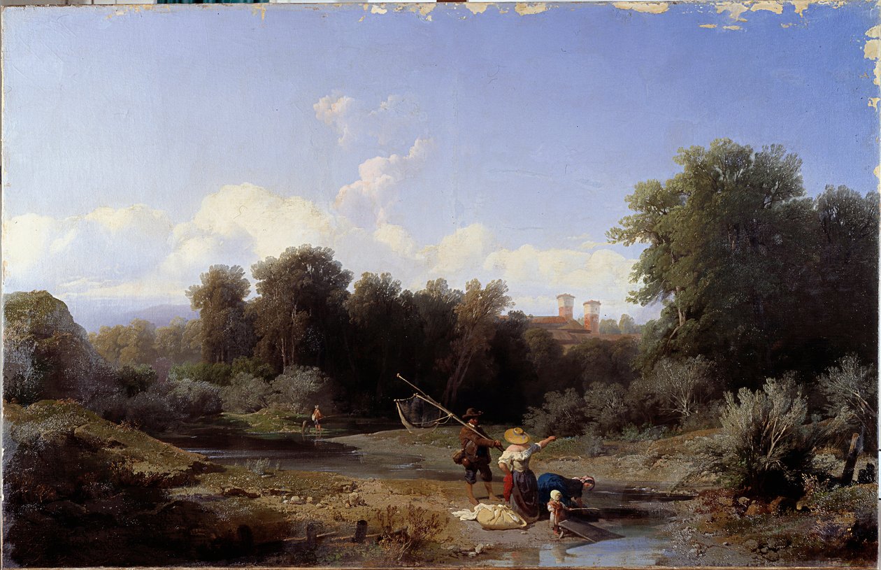 منظر طبيعي أو "صيد سمك" (صيد في نهر) لوحة رسمها أنجيلو بيكاريا (1820-1897) 1855 خافت 94x146 سم جينات ، Galleria d'Arte Moderna ، الجرد 142 بواسطة أنجيلو بيكاريا