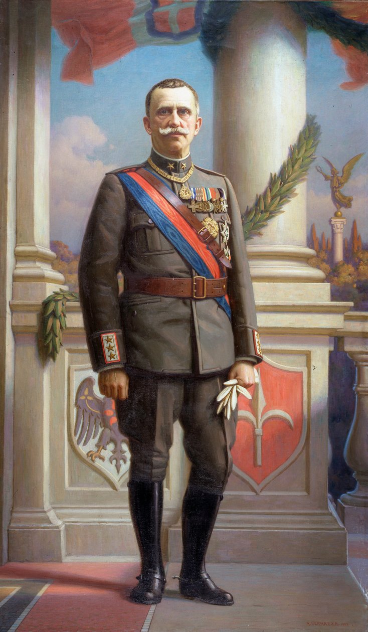 صورة لملك إيطاليا فيتوريو إيمانويل الثالث (فيكتور إيمانويل الثالث) (1869-1947) لوحة أنجيلو فيرنازا (1869-1937) 1923 قاتمة 220 × 130 سم جينات ، Galleria d'Arte Moderna ، الجرد 0588 بواسطة أنجيلو فيرنازا