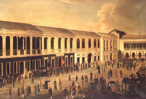 منظر لهونغ على الواجهة البحرية في كانتون حوالي عام 1825 بواسطة مدرسة الأنجلو الصينية
