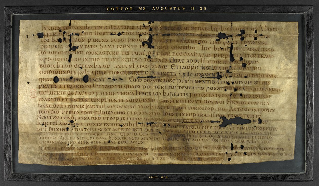 غرانت من Hodilredus (Æthelred) ، قريب من الملك Sebbi من الساكسون الشرقيين (fl.685-706) ، إلى Hedilburg (Æthelburg) ، دير بواسطة الأنجلو ساكسون الأنجلو ساكسون