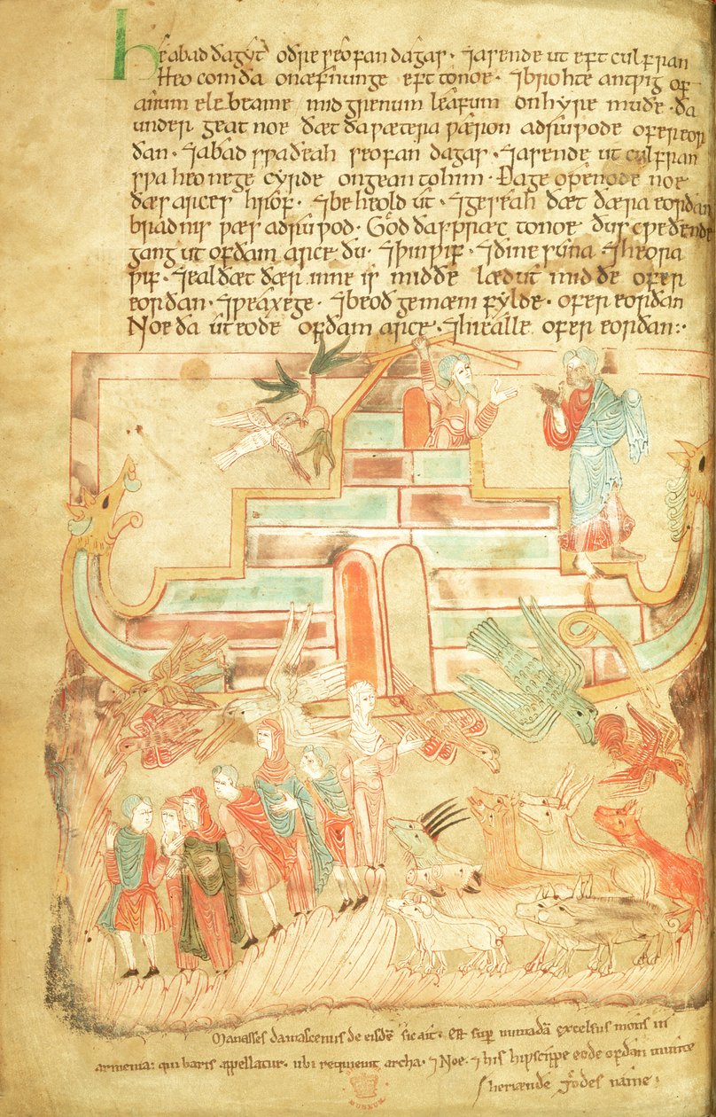 Cott Claud B IV f.15v نوح وعائلته يغادرون الفلك ، من Aelfric Pentateuch ، من سانت أوغسطين ، كانتربري بواسطة الأنجلو ساكسون