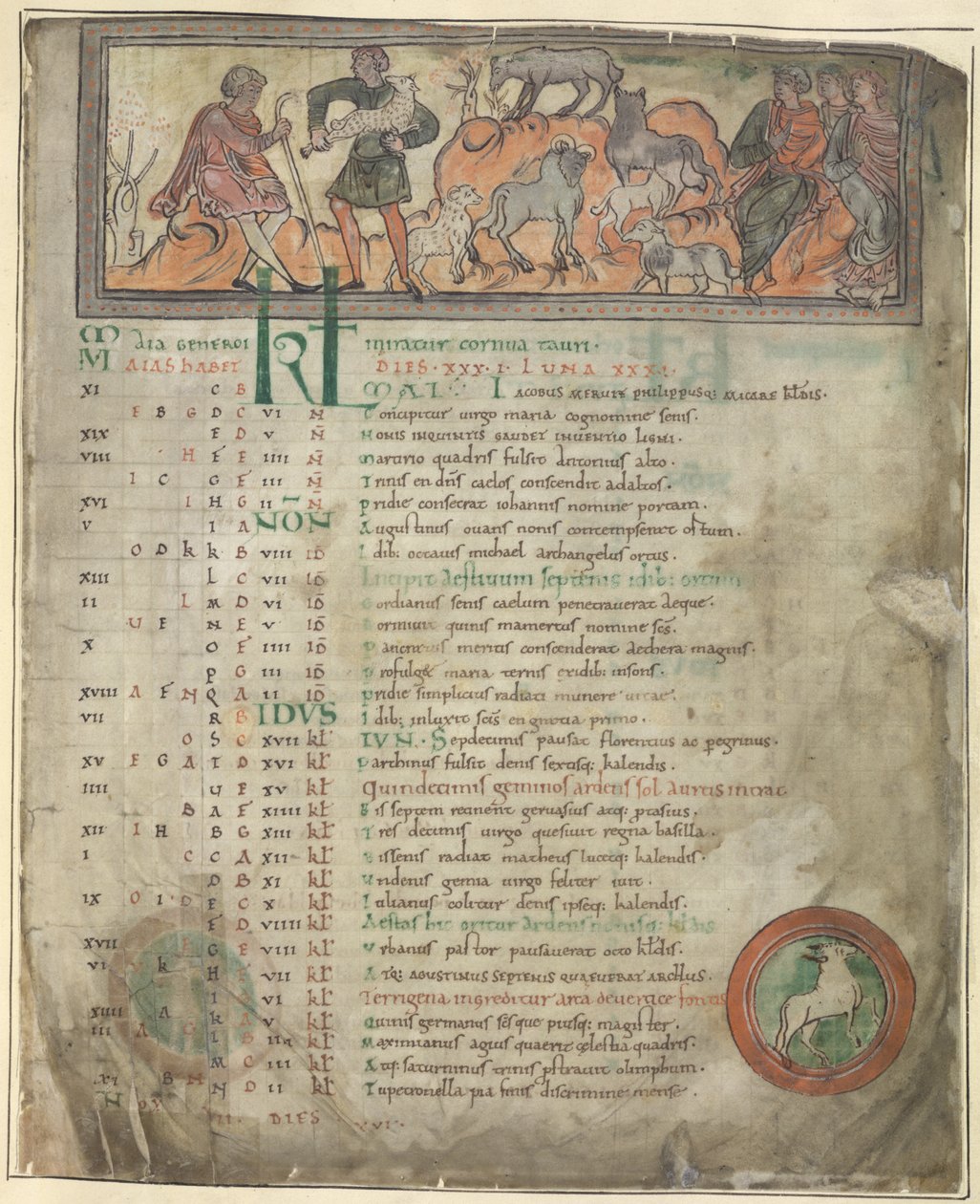 Cotton Tiberius B. V ، الجزء 1 ، f.5 صفحة التقويم لشهر مايو. رعاية الأغنام. راعيان مع قطيعهما ، أحدهما يمسك بعصا وثلاثة تماثيل جالسة. عند الأقدام ، برج الحمل في شكل دائري بواسطة الأنجلو ساكسون