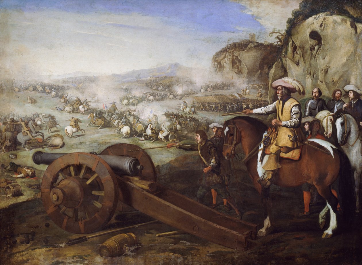 كابتن على ظهور الخيل يأمر بإطلاق مدفع أثناء المعركة ، لوحة لأنييلو فالكون (1607-1656) ، زيت على قماش ، 94 × 131 سم بواسطة أنيللو فالكون